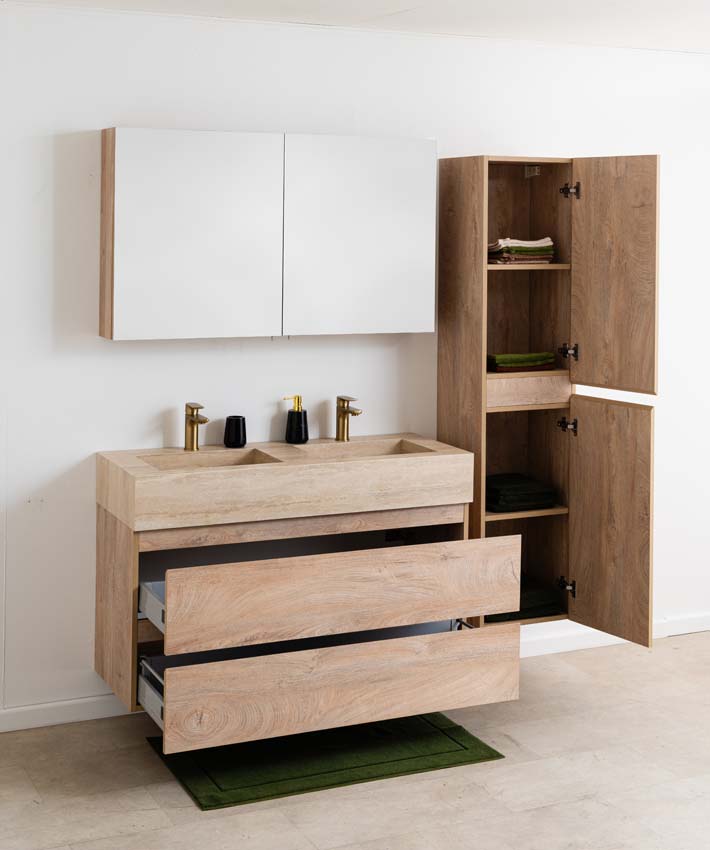 Meuble de salle de bain Tibo chêne avec double lavabo large en travertin 120cm