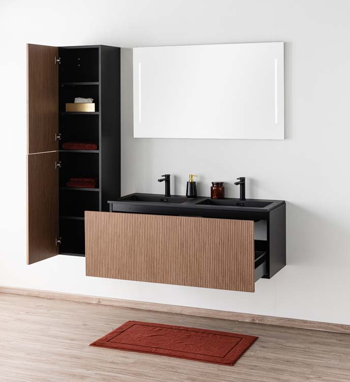 Badkamermeubel Dorian notelaar hangend met dubbele wastafel mat zwart 120cm