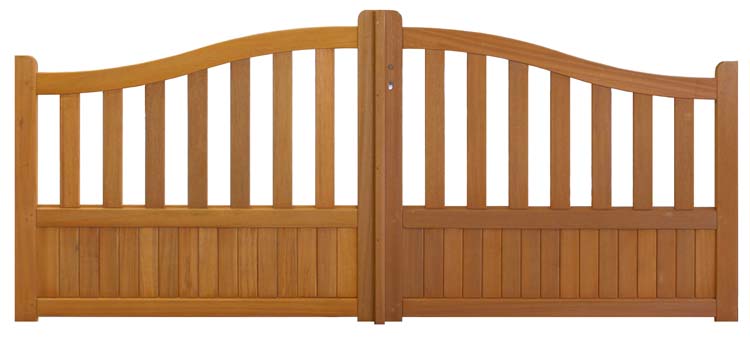 Dubbele poort Meranti hout 350x130cm met verticale spijlen