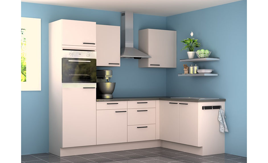 Cuisine d'angle Premium 11 blanche 245x165cm - pré-montée - avec appareils - plaque de cuisson vitrocéramique et hotte murale en inox