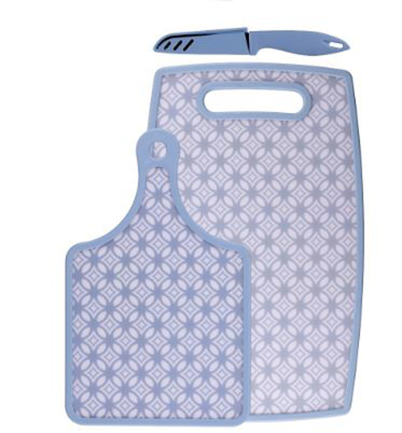 Planche à découper plastique bleu lavande/blanc set de 2 + couteau