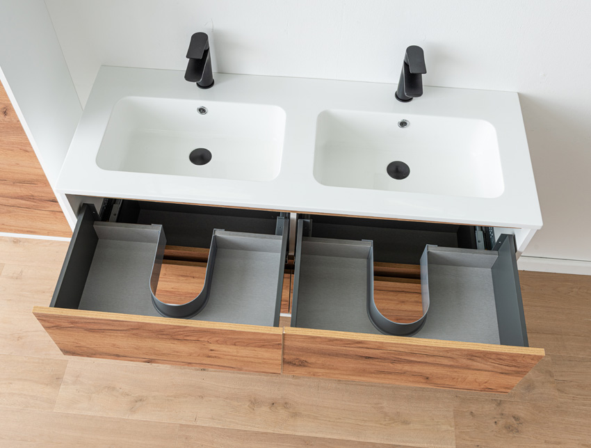 Meuble de salle de bains Treviso chêne/blanc avec double lavabo blanc brillant 120cm