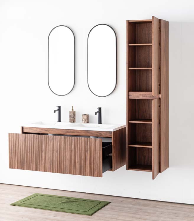 Meuble de salle de bains Warren noyer suspendu avec lavabo double blanc mat 120cm