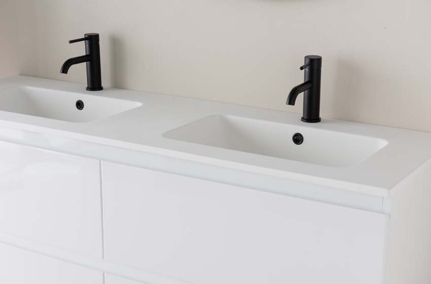 Meuble de salle de bains Tibo blanc suspendu avec lavabo double blanc mat 140cm