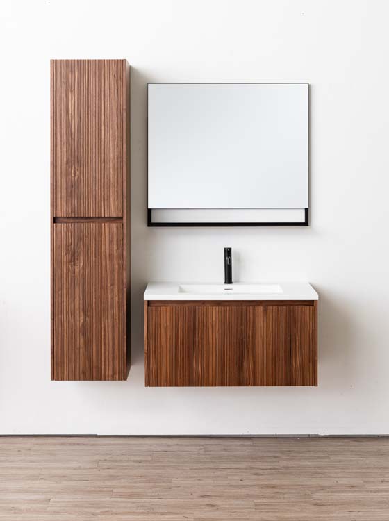 Badkamermeubel Warren walnoot hangend met enkele wastafel mat wit 90cm