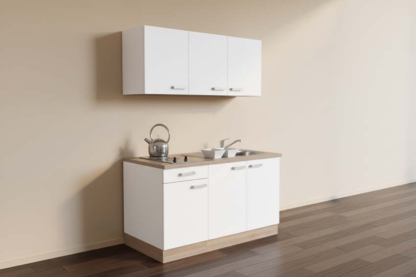 Cuisine étudiant blanc/chêne clair 150cm - plaque de cuisson en inox - sans appareils