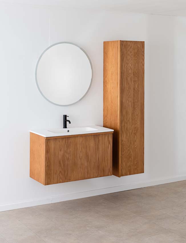 Meuble de salle de bain Fae chêne suspendu avec vasque simple blanc mat 90cm