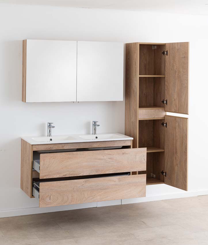 Meuble de salle de bain Tibo en chêne méditerranéen avec double lavabo blanc brillant 120cm