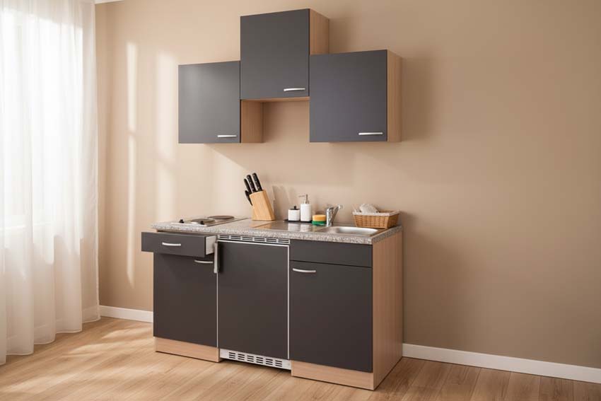 Keuken grijs/beuk 150cm - met inox kookplaat en koelkast met vriesvak