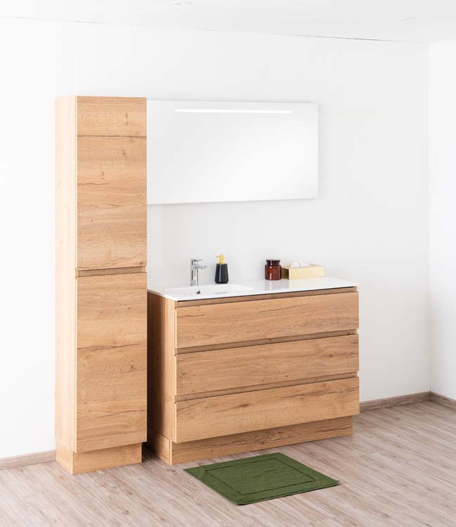 Meuble de salle de bain Daria chêne brun doré 1200 mm sur pied lavabo brillant gauche