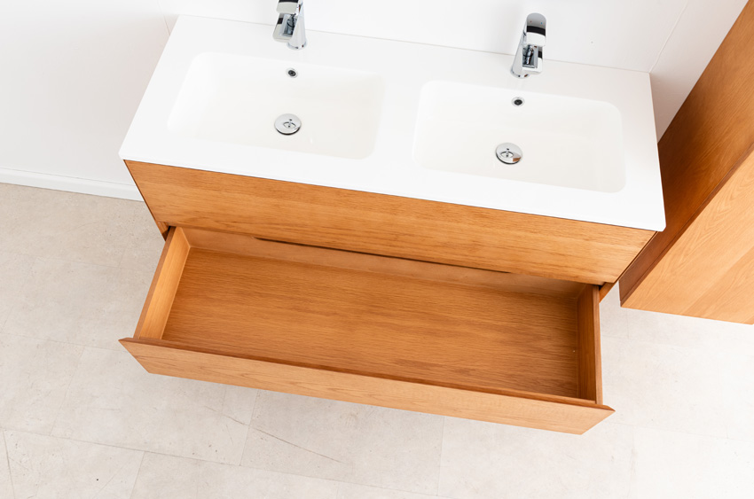 Badkamermeubel Fior eik hangend met dubbele wastafel glanzend wit 120cm