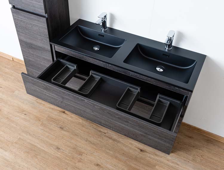 Meuble de salle de bains Dotan chêne foncé sur pied avec lavabo double noir mat 120cm