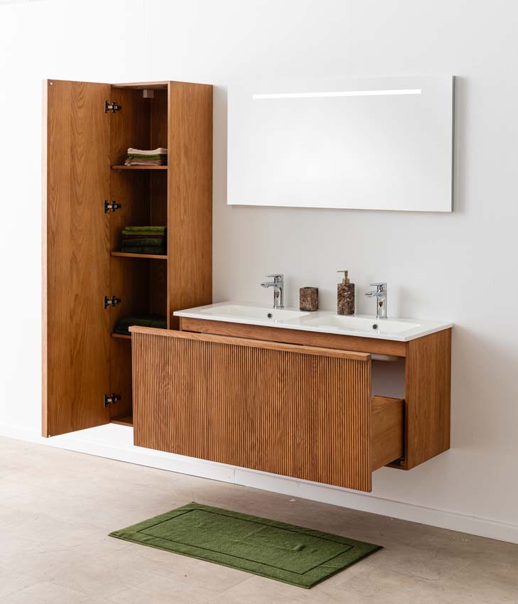 Meuble de salle de bain Fae chêne suspendu avec double lavabo blanc brillant 120cm