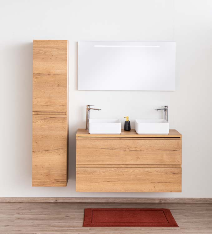 Badkamermeubel Daria eik goudbruin hangend met melamine topblad 120cm