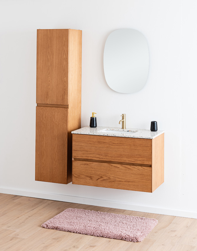 Badkamermeubel Fior eik hangend met enkele wastafel terrazzo 90cm