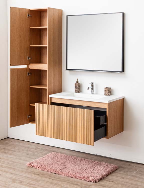 Meuble de salle de bains Warren afromosia suspendu avec lavabo simple blanc mat 90cm