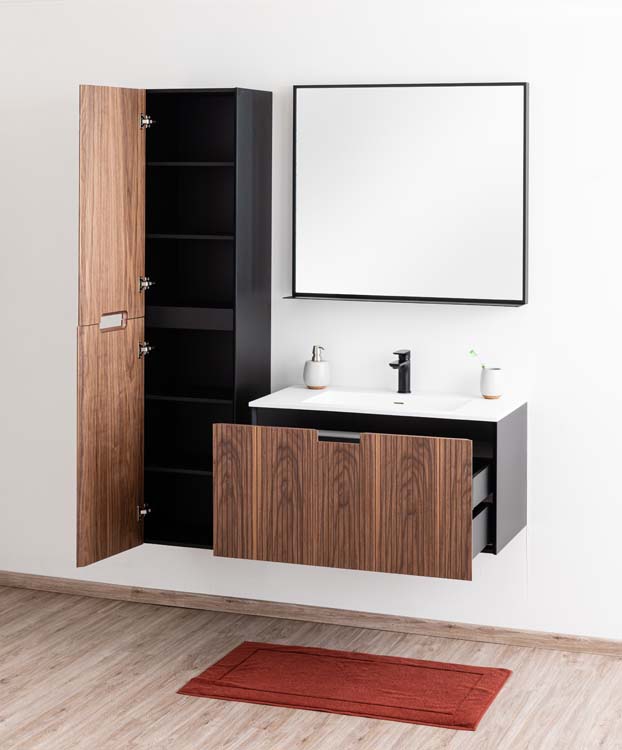 Meuble de salle de bains Willow noyer suspendu avec lavabo simple blanc mat 90cm Meuble de salle de bains Willow noyer suspendu avec lavabo simple blanc mat 90cm