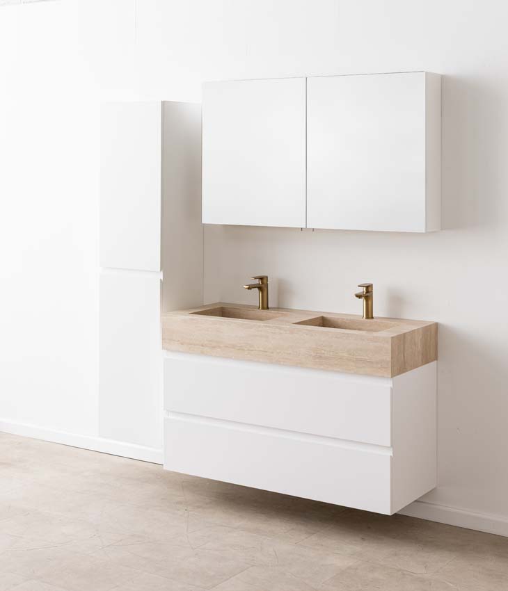 Badkamermeubel Tibo wit met dubbele brede wastafel travertinlook 120cm