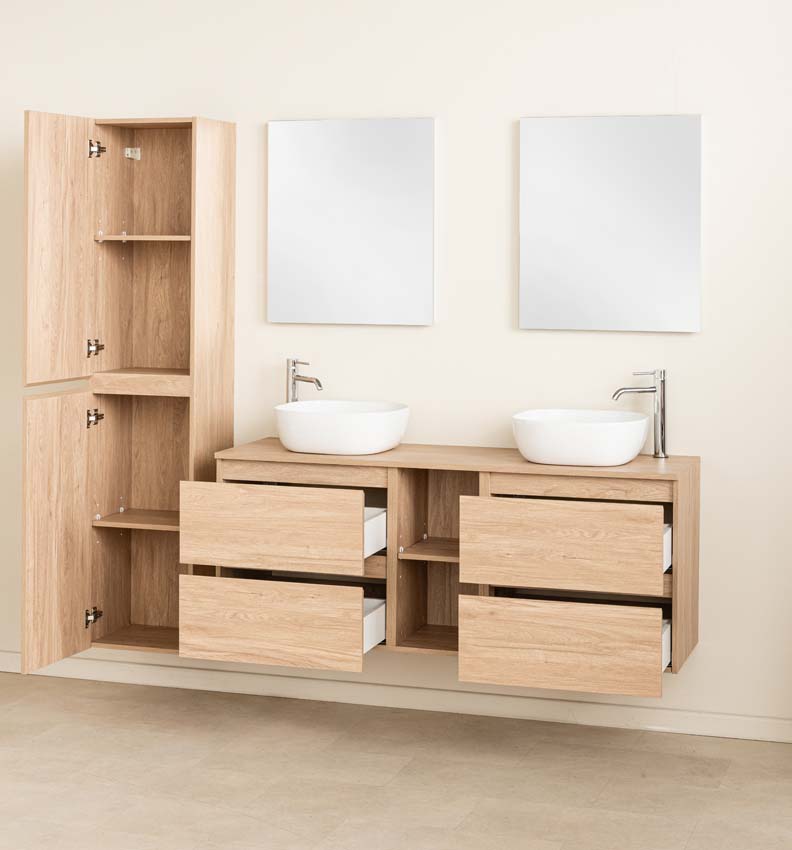 Meuble de salle de bain Bella aspect chêne 1500 mm lavabo double blanc brilliant Meuble de salle de bain Bella aspect chêne 1500 mm lavabo double blanc brilliant
