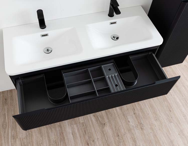 Meuble de salle de bains Julia noir mat suspendu avec lavabo double en marbre minéral blanc brillant 120cm