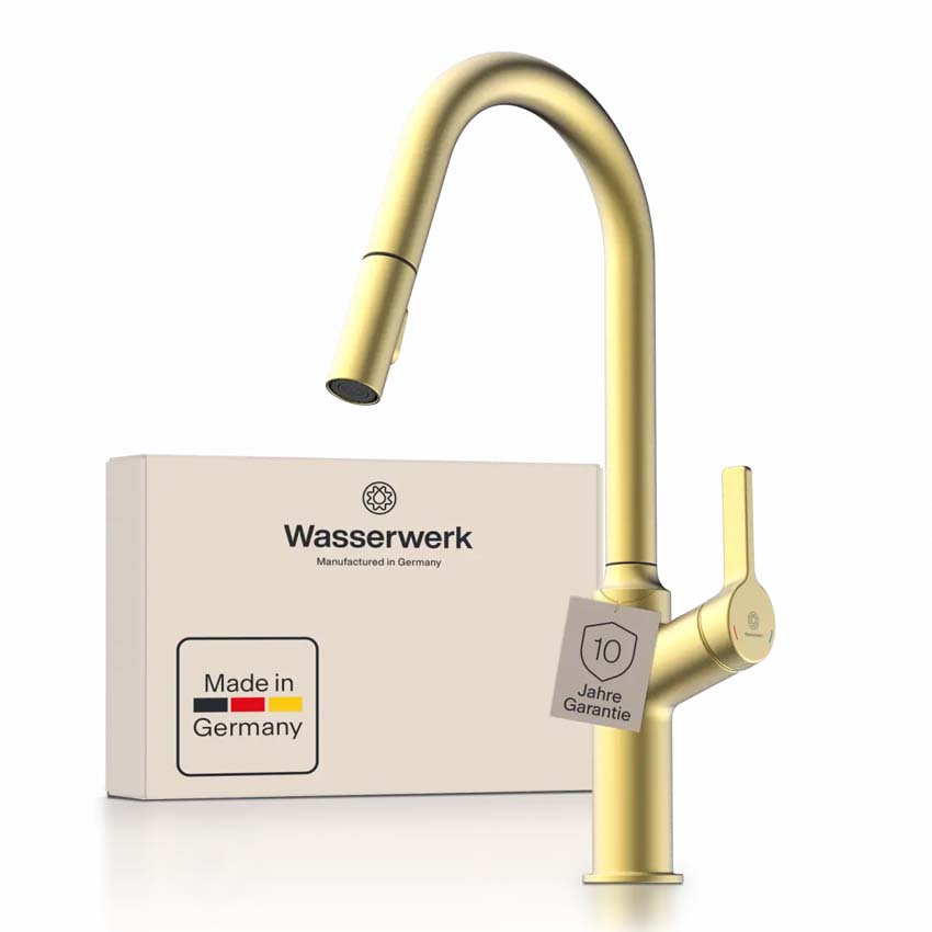 Keukenkraan Wasserwerk WK 12 mat goud met uittrekbare uitloop