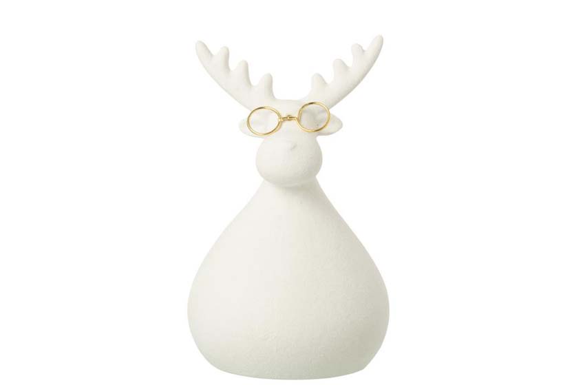 Sculpture renne à lunettes porcelaine blanc/or 13x10,5x21cm