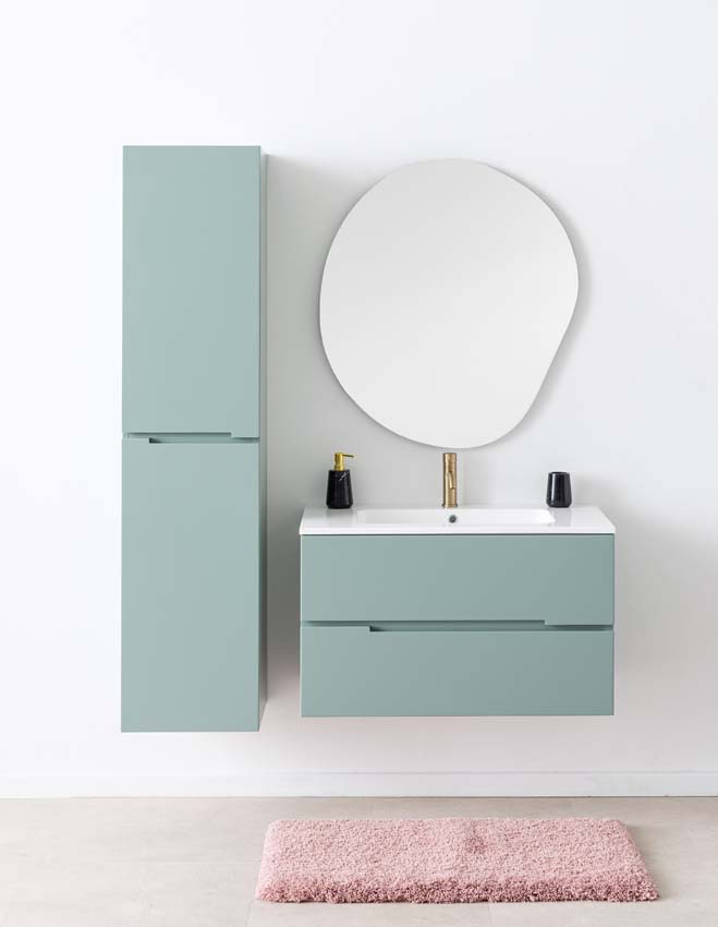 Meuble de salle de bains Truman vert gris suspendu avec lavabo simple blanc brillant 90cm
