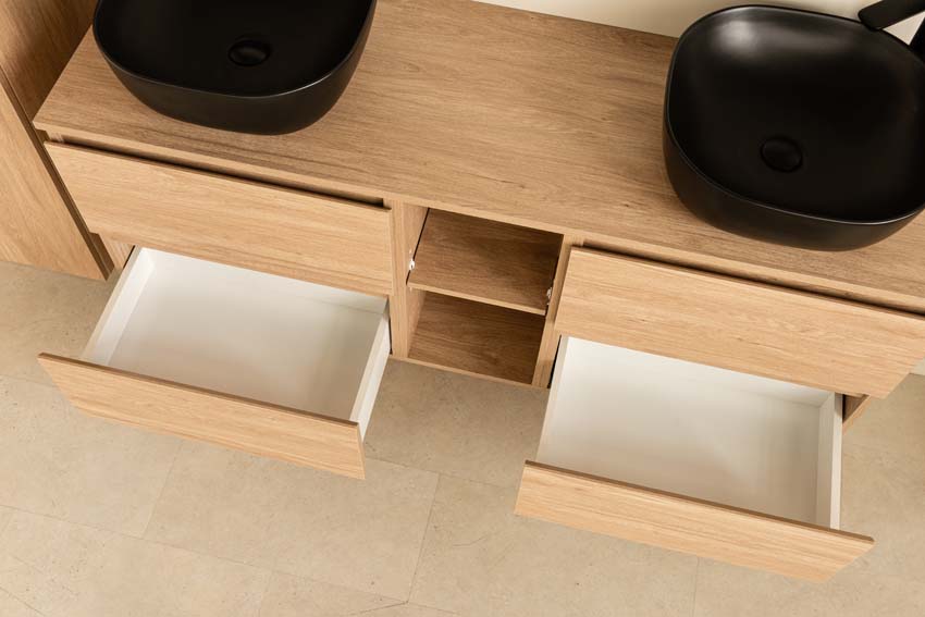 Badkamermeubel Bella eik hangend met dubbele opbouwkom mat zwart 150cm