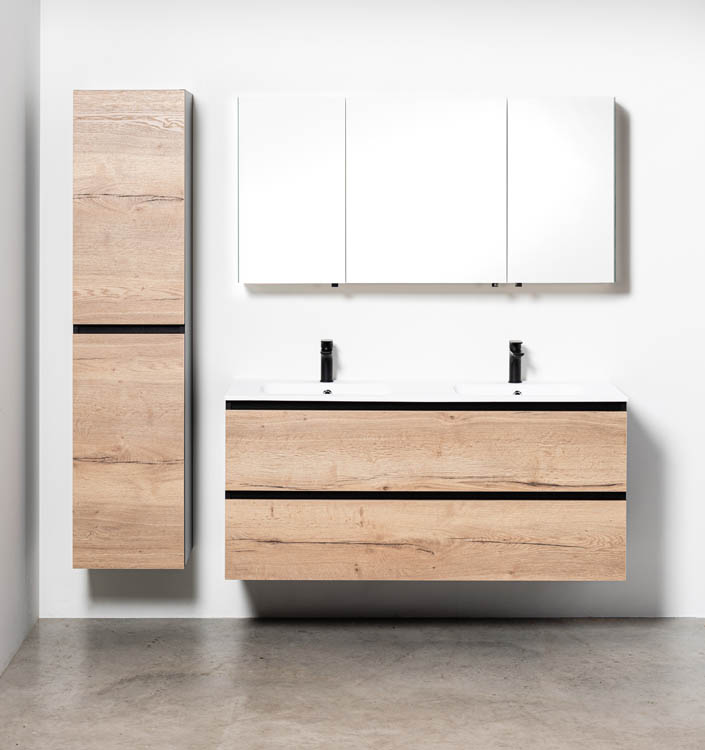 Meuble de salle de bains Dotan chêne suspendu avec lavabo double blanc mat 140cm