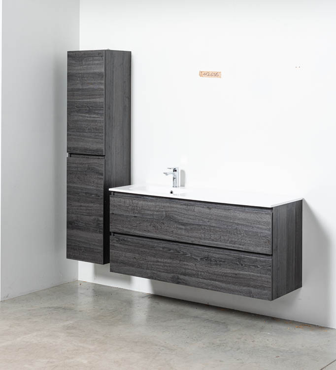 Badkamermeubel Dotan donkere eik hangend met enkele wastafel links glanzend wit 140cm
