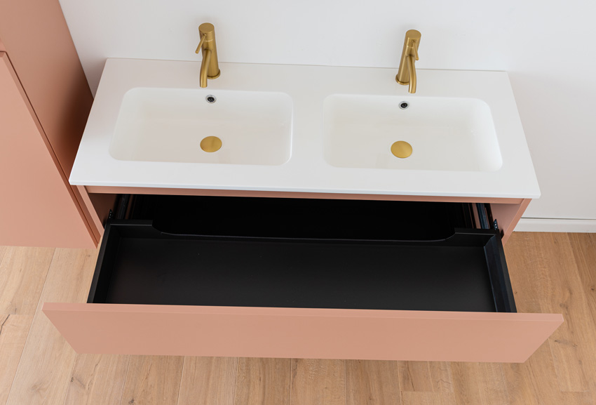Meuble de salle de bains Dotan abricot suspendu avec double lavabo blanc brillant 120cm