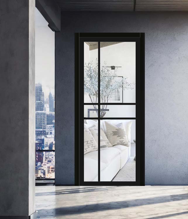 Complete steel look deur hout zwart 3 lijnen L201,5xB73cm helder glas omkeerbaar