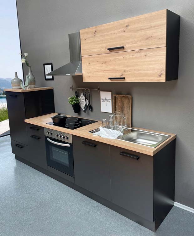 Keuken Freyr grafiet/houtlook 280cm - met toestellen - vitrokeramische kookplaat en zwarte wanddampkap