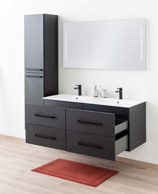 Meuble de salle de bains Plato noir suspendu avec lavabo double blanc brillant et poignées noires 140cm