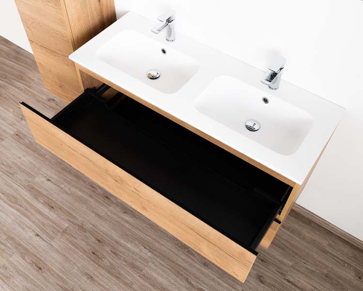 Meuble de salle de bains Daria chêne brun doré suspendu avec lavabo double blanc mat 120cm