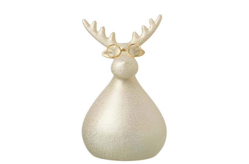 Sculpture renne à lunettes porcelaine dorée 13x10,5x21cm