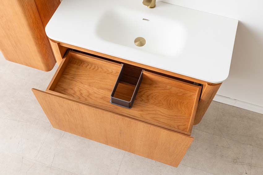 Badkamermeubel Floris eik hangend met enkele wastafel glanzend wit 100cm