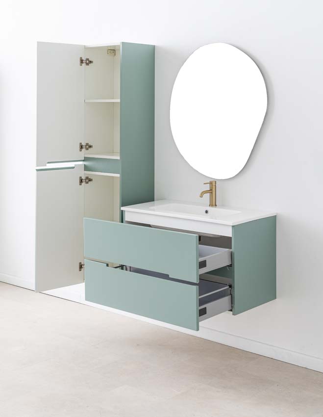 Meuble de salle de bains Truman vert gris suspendu avec lavabo simple blanc brillant 90cm