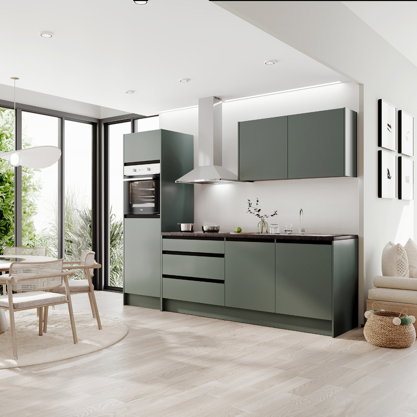 Keuken Berlin groen 273cm - met toestellen - vitrokeramische kookplaat en inox wanddampkap