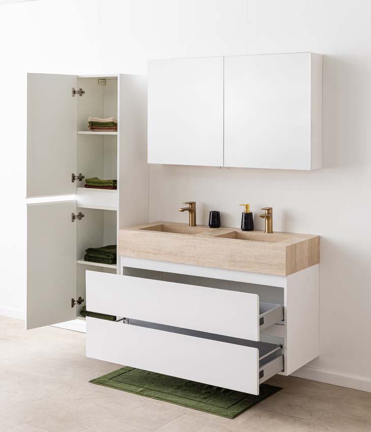 Badkamermeubel Tibo wit met dubbele brede wastafel travertinlook 120cm