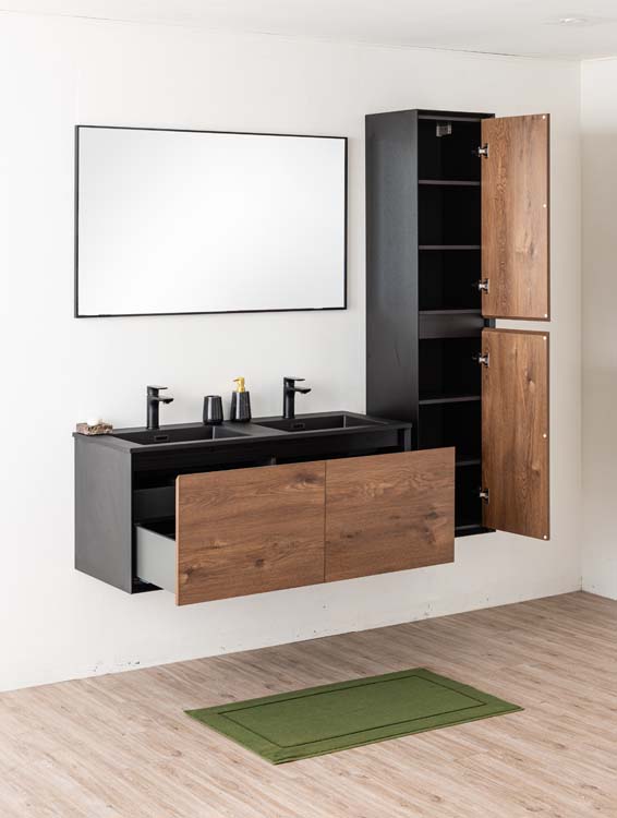 Meuble de salle de bains Justin noyer suspendu avec lavabo double noir mat 120cm