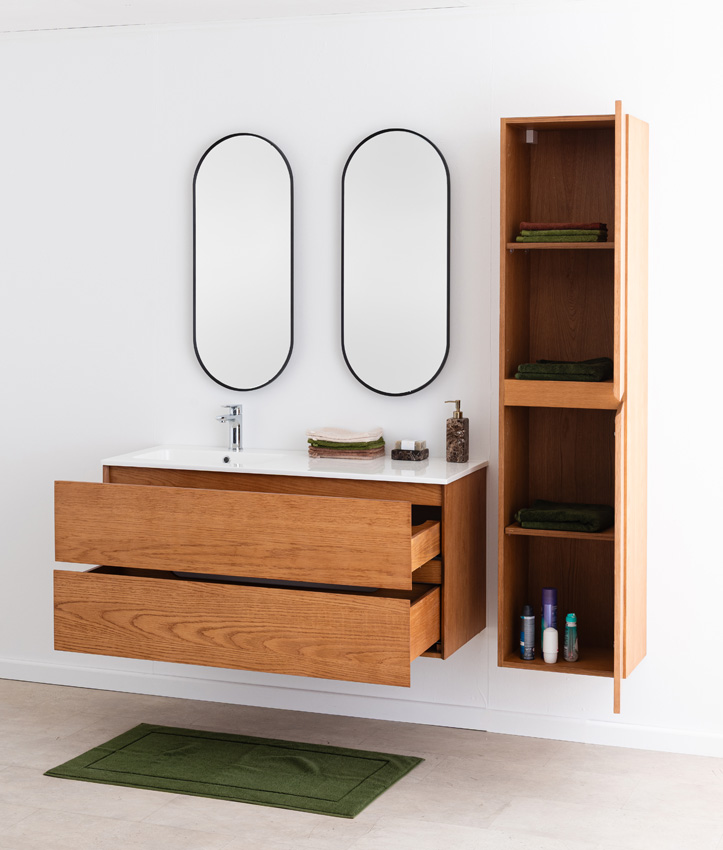 Badkamermeubel Fior eik hangend met enkele wastafel mat wit 120cm