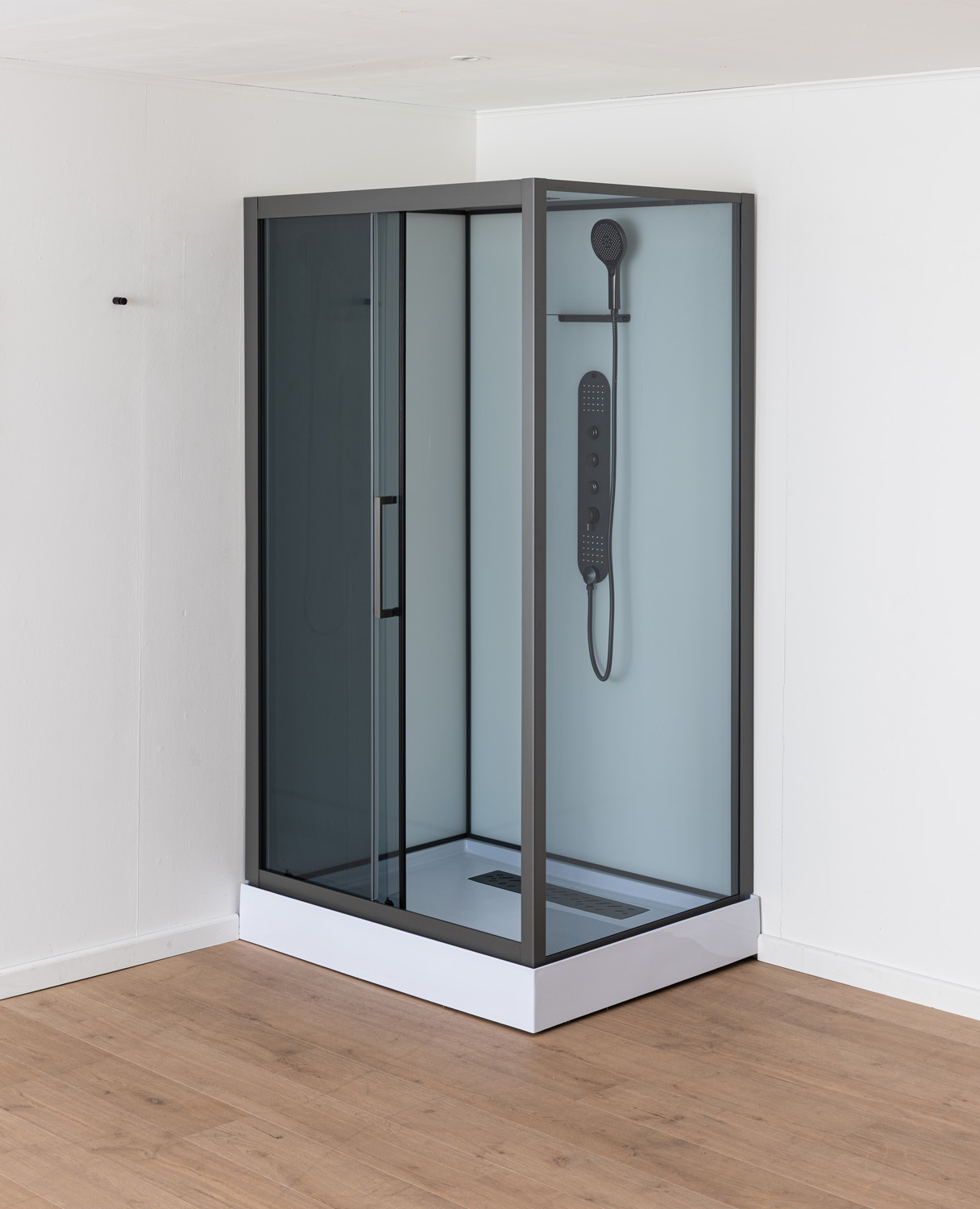 Cabine de douche Amani gauche/droite gunmetal verre gris porte coulissante 90x115x215cm