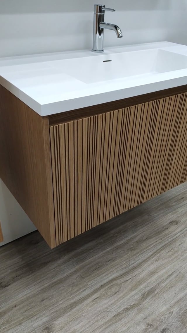 Badkamermeubel Warren afromosia hangend met enkele wastafel mat wit 90cm