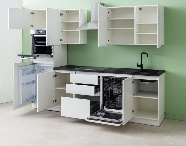 Cuisine Plenti noir/aspect bois 280cm - tirroirs et hotte murale en inox - avec appareils