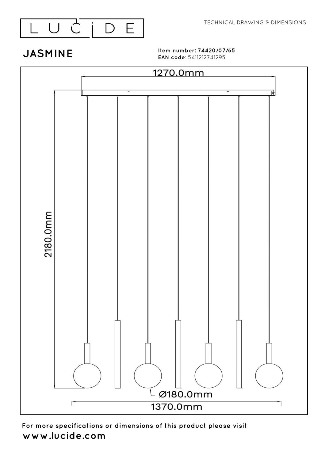 Lucide Premium Jasmine - Suspension - LED Dim. - CCT - 7X4W 2200K/3300K - Convient aux mezzanines et plafonds hauts - Cuivre