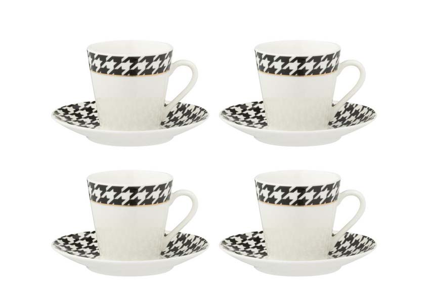 Set de 4 tasses à café + soucoupes porcelaine blanche/noire 7cm