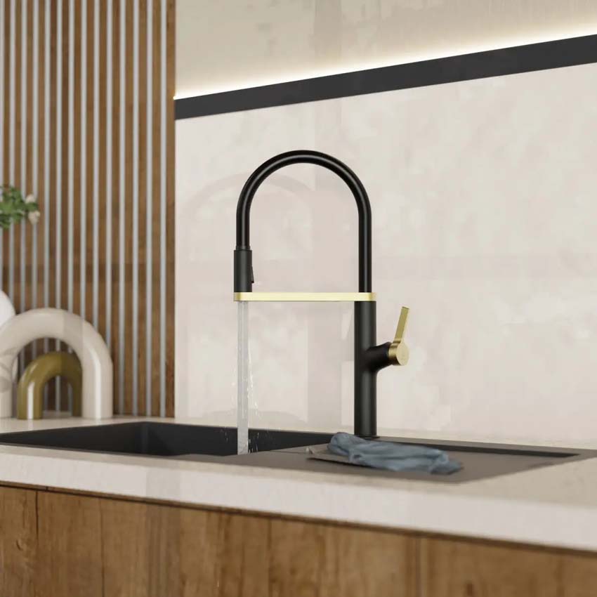Keukenkraan Wasserwerk WK 2 mat zwart/mat goud met uittrekbare uitloop
