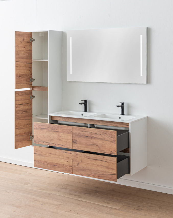 Meuble de salle de bains Treviso chêne/blanc avec double lavabo blanc brillant 120cm