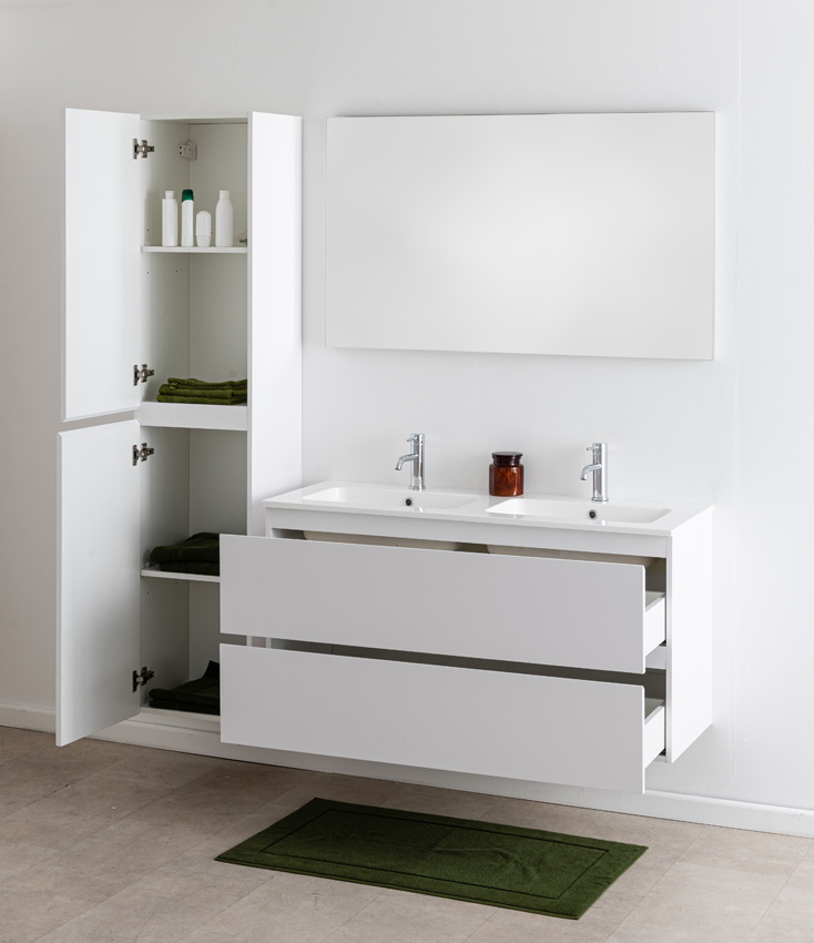 Meuble de salle de bain Bianca blanc mat suspendu avec double lavabo blanc brillant 120,5cm